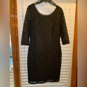 Eliza J Black Lace Overlay 3/4 Sheer Sleeve Sheath Dress, Size 12 Feminine